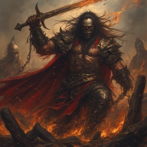 (masterpiece) strong muscle medieval warrior, skull face, long hair, breaking chains, log hair, medieval scene, battlefield scenary, fire and steel, manowar, Manowar style, manowar cover album,ghostrider, conan the Cimmerian, realistic