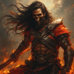 (masterpiece) strong muscle medieval warrior, skull face, long hair, breaking chains, log hair, medieval scene, battlefield scenary, fire and steel, manowar, Manowar style, manowar cover album,ghostrider, conan the Cimmerian, realistic