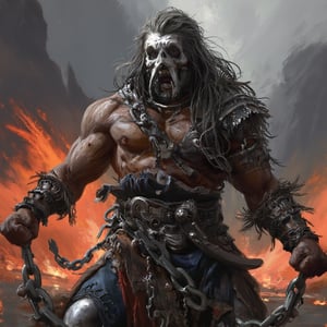 (masterpiece) strong muscle medieval warrior, skull face, long hair, breaking chains, log hair, medieval scene, battlefield scenary, fire and steel, manowar, Manowar style, manowar cover album,ghostrider, conan the Cimmerian, realistic