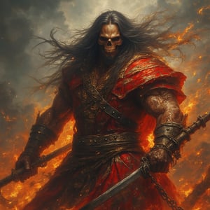 (masterpiece) strong muscle medieval warrior, skull face, long hair, breaking chains, log hair, full body, medieval scene, battlefield scenary, fire and steel, manowar, Manowar style, manowar cover album,ghostrider, conan the Cimmerian, realistic