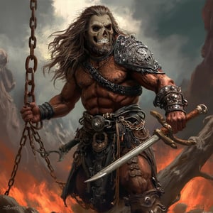 (masterpiece) strong medieval warrior, breaking the chains, log hair, medieval scene, battlefield scenary, fire and steel, manowar, Manowar style, manowar cover album,ghostrider, conan the Cimmerian, realistic