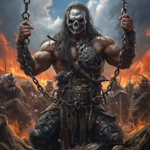 (masterpiece) strong muscle medieval warrior, skull face, long hair, breaking chains, log hair, medieval scene, battlefield scenary, fire and steel, manowar, Manowar style, manowar cover album,ghostrider, conan the Cimmerian, realistic