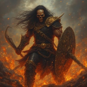 (masterpiece) strong muscle medieval warrior, skull face, long hair, breaking chains, log hair, full body, medieval scene, battlefield scenary, fire and steel, manowar, Manowar style, manowar cover album,ghostrider, conan the Cimmerian, realistic