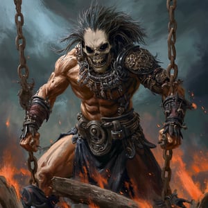 (masterpiece) strong medieval warrior, breaking the chains, log hair, medieval scene, battlefield scenary, fire and steel, manowar, Manowar style, manowar cover album,ghostrider, conan the Cimmerian, realistic