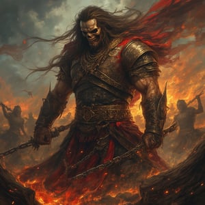 (masterpiece) strong muscle medieval warrior, skull face, long hair, breaking chains, log hair, full body, medieval scene, battlefield scenary, fire and steel, manowar, Manowar style, manowar cover album,ghostrider, conan the Cimmerian, realistic