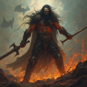 (masterpiece) Full body strong muscle medieval warrior, skull face (Full_body), long hair, breaking chains, log hair, full body, medieval scene, battlefield scenary, fire and steel, manowar, Manowar style, manowar cover album,ghostrider, conan the Cimmerian, realistic