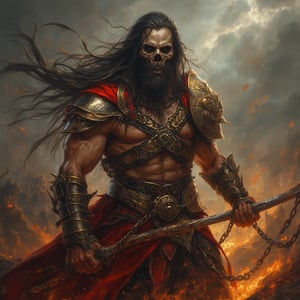 (masterpiece) strong muscle medieval warrior, skull face, long hair, breaking chains, log hair, medieval scene, battlefield scenary, fire and steel, manowar, Manowar style, manowar cover album,ghostrider, conan the Cimmerian, realistic