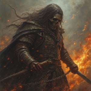 (masterpiece) Full body strong muscle medieval warrior, skull face, long hair, breaking chains, log hair, full body, medieval scene, battlefield scenary, fire and steel, manowar, Manowar style, manowar cover album,ghostrider, conan the Cimmerian, realistic