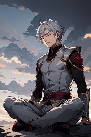 2d, masterpiece, best quality, anime, highly detailed face, perfect lighting, young boy, alone, sitting, eyes closed,light gray hair, short hair, meditation pose, windy, gray warrior clothes with black, sky, clouds, 