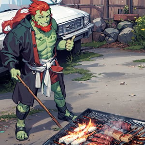 1 man, beard, red hair, look viewer,(green skin:1.5), natural smile, right hand holding long stick, playing barbecue, barbecue on ground, left hand, thumbs up, slightly tilted, dirt floor, car background,