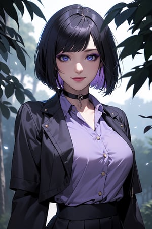 masterpiece,  best quality, highly detailed face,  highly detailed background,  perfect lighting,  gothic girl,  standing,  seductive,  bob cut,  makeup,  looking at viewer, blue eyes, natural  smile, (purple Collared shirt:1.3), black jaket, black skirt, medium boobs, choker, earrrings, forest, night, clouds, moonlight,