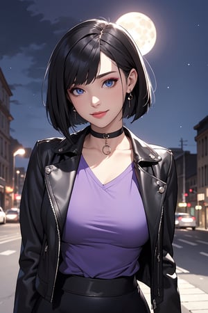masterpiece,  best quality, highly detailed face,  highly detailed background, girl,  solo, standing,  seductive,  bob cut, (black hair), makeup,  looking at viewer, blue eyes, natural  smile, (purple  shirt), leather jacket, black skirt, medium boobs, choker, earrrings, night, moon, sky, city, street,