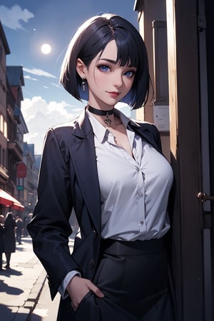masterpiece,  best quality, highly detailed face,  highly detailed background,  perfect lighting,  gothic girl,  standing,  seductive,  bob cut,  makeup,  looking at viewer, blue eyes, natural  smile, purple Collared shirt, black jaket, black skirt, medium boobs, choker, earrrings, night, clouds, moonlight, city, street,