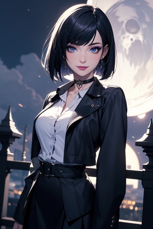 masterpiece,  best quality, highly detailed face,  highly detailed background,  perfect lighting,  gothic girl,  standing,  seductive,  bob cut,  makeup,  looking at viewer, blue eyes, natural  smile, purple Collared shirt, black jaket, black skirt, medium boobs, choker, earrrings, night, clouds, moonlight,