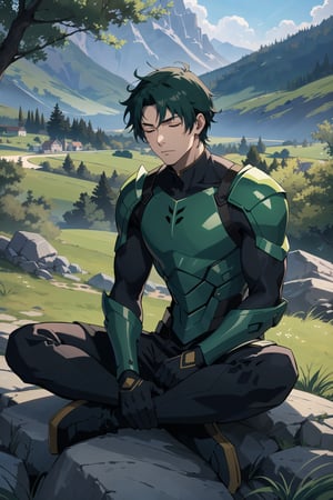 2d, masterpiece, best quality, anime, highly detailed face, highly detailed background, perfect lighting, young man, alone, sitting on a dirt stone, surrounded by dirt rocks, in the mountains, meditating, eyes closed, green hair, pose meditation,  green heavy armor with black,  trees around, Vegetation, mountains in the background,