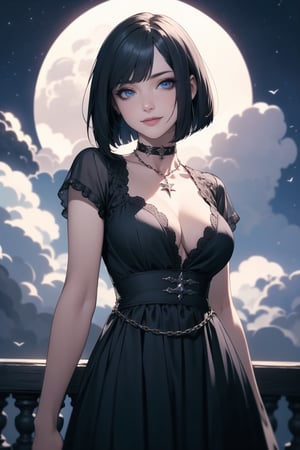 masterpiece,  best quality, highly detailed face,  highly detailed background,  perfect lighting,  gothic girl,  standing,  seductive,  bob cut,  makeup,  looking at viewer, blue eyes, natural  smile,  black dress with chains, medium boobs, choker, night, z, clouds, moonlight,