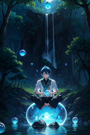 2d, masterpiece, best quality, anime, highly detailed face, highly detailed background, perfect lighting, young boy, solo, Sitting on a stone, surrounded by water, in a lake, meditating, eyes closed, blue hair, meditation pose, (transparent water spheres floating around:1.3), blue warrior clothes with black, background waterfall, nature, forest