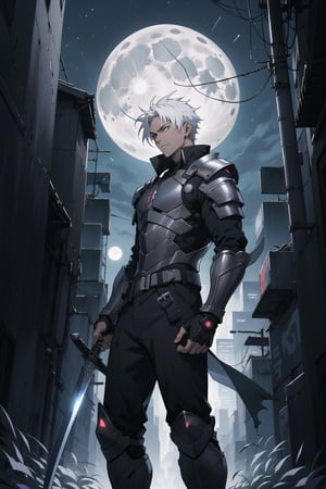 2d, masterpiece, best quality, anime, highly detailed face, highly detailed background, perfect lighting,1 boy, solo, 20 years old, standing ,looking down, white hair, cyberpunk clothes, armor, sword, night, city, moonlight, sky,  moon
