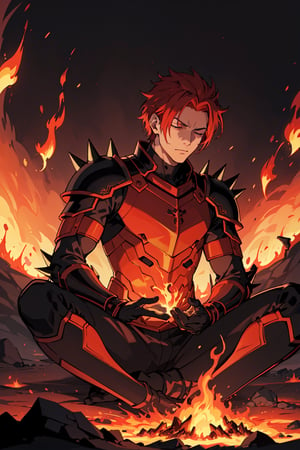 2d, masterpiece, best quality, anime, highly detailed face, highly detailed background, perfect lighting, young man, alone, sitting on the ground, surrounded by lava, meditating, eyes closed, red hair, meditation pose, (flames around of the:1.3) , (Red and black spiked armor: 1.3), volcano erupting in the background