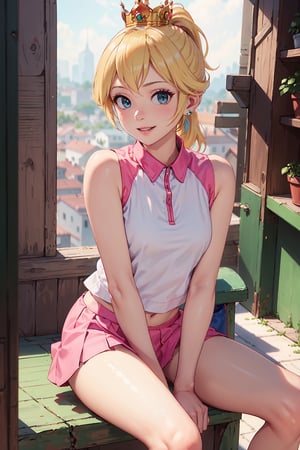 photography,masterpiece,4k,20 years old,natural smile,blonde hair, ponytail hairstyle, looking at viewer, (medium small breasts: 1.5), (white shirt with pink tennis style: 1.5), (Sleeveless: 1.5),(pink short skirt: 1.5), crown, sitting, tennis shoes,Banking, complex backgroud, 