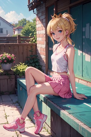 photography,masterpiece,4k,20 years old,natural smile,blonde hair, ponytail hairstyle, looking at viewer, (medium small breasts: 1.5), (white shirt with pink tennis style: 1.5), (Sleeveless: 1.5),(pink short skirt: 1.5), crown, sitting, tennis shoes,Banking, complex backgroud, 