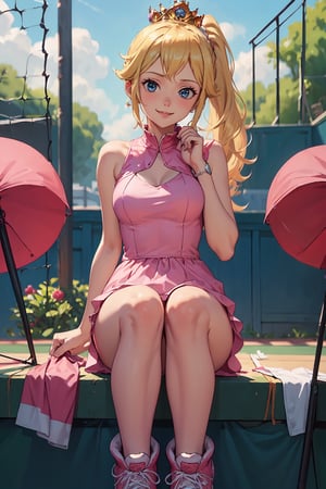 photography,masterpiece,4k,20 years old,natural smile,blonde hair, ponytail hairstyle, looking at viewer, medium breasts, empy hand,(one piece dress: 1.5), (pink regal style tennis dress: 1.5), Sleeveless, crown, sitting, tennis shoes,Banking, tennis court backgroud, 