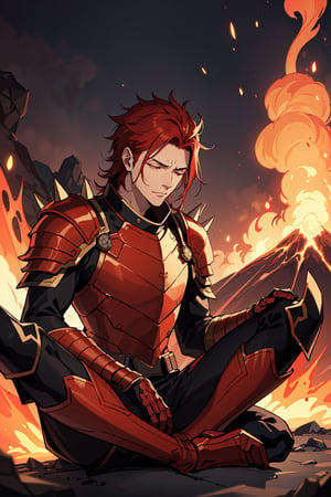2d, masterpiece, best quality, anime, highly detailed face, highly detailed background, perfect lighting, young man, alone, sitting on the floor of a volcano, surrounded by lava, meditating, eyes closed, red hair, meditation pose, flames around him, (Red and black spiked armor: 1.3), volcano erupting background