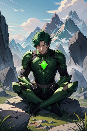 2d, masterpiece, best quality, anime, highly detailed face, highly detailed background, perfect lighting, young man, alone, sitting on the ground, surrounded by dirt rocks, in the mountains, meditating, closed eyes, green hair, pose of meditation, (rocks floating around: 1.3), (Green Light Armor with Black:1.3), with mountains in the background,