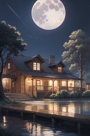 masterpiece,  best quality, highly detailed background, night, monstains, lake, moon, Moonlight, small clouds, (Meteor shower:0.8), house, tree, 