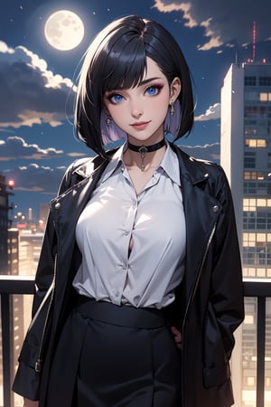 masterpiece,  best quality, highly detailed face,  highly detailed background,  perfect lighting,  gothic girl,  standing,  seductive,  bob cut,  makeup,  looking at viewer, blue eyes, natural  smile, purple Collared shirt, black jaket, black skirt, medium boobs, choker, earrrings, night, clouds, moonlight, city