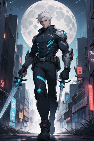 2d, masterpiece, best quality, anime, highly detailed face, highly detailed background, perfect lighting,1 boy, solo, 20 years old, turn back, standing ,looking down, white hair, cyberpunk clothes, Ice (sword on right hand:1.3), futuristic shield on arm, flying futuristic motorbike night, city, moonlight, sky, stars, moon
