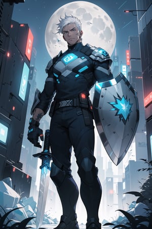 2d, masterpiece, best quality, anime, highly detailed face, highly detailed background, perfect lighting,1 boy, solo, 20 years old, turn back, standing ,looking down, white hair, cyberpunk clothes, Ice (ice sword on right hand:1.3), (futuristic shield on arm:1.4), flying futuristic motorbike night, city, moonlight, sky, stars, moon
