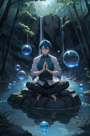 2d, masterpiece, best quality, anime, highly detailed face, highly detailed background, perfect lighting, young boy, solo, Sitting on a stone, surrounded by water, in a lake, meditating, eyes closed, blue hair, meditation pose, (transparent water spheres floating around:1.3), blue warrior clothes with black, background waterfall, nature, forest