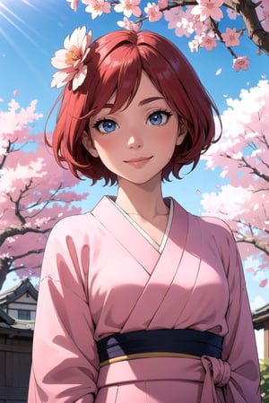 Natural lighting, high detailed eyes, closeup of a woman with pink kimono, front viewer, red hair, (hair flower), short hair, blue eyes, friendly smile, standing on old japanese town, cherry blossoms, day, sunlight, scenary
