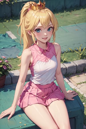 photography,masterpiece,4k,20 years old,natural smile,blonde hair, ponytail hairstyle, looking at viewer, (medium small breasts: 1.5), (white shirt with pink tennis style: 1.5), (Sleeveless: 1.5),(pink short skirt: 1.5), crown, sitting, tennis shoes,Banking, complex backgroud, 