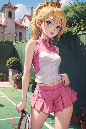 photography,masterpiece,4k,20 years old,Beautiful eyes, detailed eyes, natural smile,blonde hair, ponytail hairstyle, looking at viewer, (medium small breasts: 1.5), (white shirt with pink tennis style: 1.5), (Sleeveless: 1.5),(pink short skirt: 1.5), crown, stading, tennis shoes, complex backgroud, 