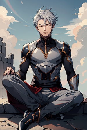 2d, masterpiece, best quality, anime, highly detailed face, highly detailed background, perfect lighting, young guy, alone, (sitting on a cloud:1.2), eyes closed,light gray hair, short hair, meditation pose, windy, gray warrior clothes with black,