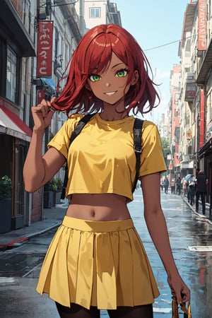 High quality, masterpiece, ultra detailed, girl, solo, standing, red hair, Hand extended to the viewer, looking_at_viewer, Short long hair, green eyes, smiling, dark skin, bare midriff, yellow shirt, short Brown skirt, black pantyhose,urban city, Drizzle