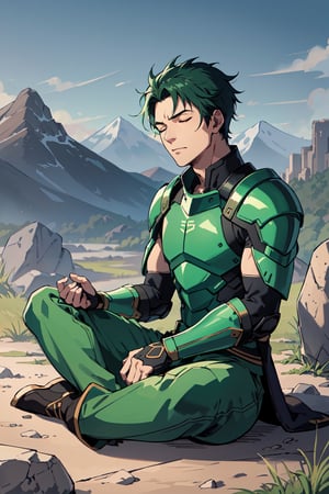 2d, masterpiece, best quality, anime, highly detailed face, highly detailed background, perfect lighting, young man, alone, sitting on a dirt stone, surrounded by dirt rocks, in the mountains, meditating, eyes closed, green hair, pose meditation, (pieces of land floating around: 1.3), green light armor with black,  mountains in the background,