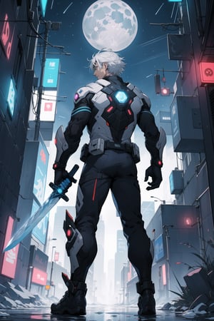 2d, masterpiece, best quality, anime, highly detailed face, highly detailed background, perfect lighting,1 boy, solo, 20 years old, turn back, standing ,looking down, white hair, cyberpunk clothes, Ice (sword on right hand:1.3), futuristic shield on arm, flying futuristic motorbike night, city, moonlight, sky, stars, moon
