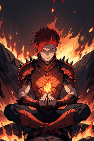 2d, masterpiece, best quality, anime, highly detailed face, highly detailed background, perfect lighting, young man, alone, sitting on the ground, surrounded by lava, meditating, eyes closed, red hair, meditation pose, (flames around of the:1.3) , (Red and black spiked armor: 1.3), volcano erupting in the background