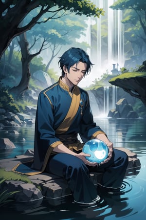 2d, masterpiece, best quality, anime, highly detailed face, highly detailed background, perfect lighting, young boy, solo, Sitting on a stone, surrounded by water, in a lake, meditating, eyes closed, blue hair, meditation pose, (Ball-shaped floating water around:1.3), blue warrior clothes with black, background waterfall, nature, forest