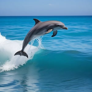 A playful dolphin leaping from crystal clear ocean waves