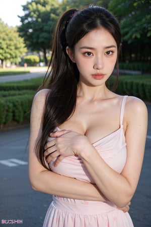 full body, wide shot, cute 1girl, wearing stunning long dress, fully covered in dress, very long straight dark wavy hair, high ponytail, (large saggy breasts:1.2), (huge saggy breast:1.4), (sad face expression:1.6), (discused face expression:1.4), (blushed face:1.5), she is in agony, in a  royal garden, down light, direct light,cute asian girl,flash