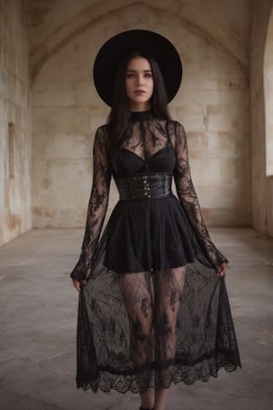 cinematic photo, HQ photography, (((realistic photo))),Cute black-haired brittish girl, standing in an abandoned church, skinny body, violet eyes, corset dress, lace gloves, wide brim hat, gothic-chic_style,aidmaNSWFunlock