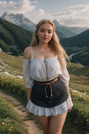 (best quality, 8k, highres, masterpiece:1.2), photorealistic, ultra-detailed, vibrant photography of a woman in nature,  cute smile, dramatic lighting, finely detailed beautiful eyes, fine detailed skin, Natural scenery, majestic landscape, colorful flowers, distant mountains, flowing rivers, melting sunset, serene atmosphere, dazzling sunlight, blissful vibes, freckled face, luscious greenery, soft breeze, ethereal beauty, beautiful female has hair colour is blond full body high resolution image, tiny_breasts, curvy_hips, 25yo, chubby, lush vegetation, tall black hiking boots, thick-thighs, thick_hips, curvy_hips, wide_hips, arms_crossed, white ruffled peasant top, medium blue skirt, flowers in hairstyle, Bavarian style clothing, smart, intelligent, interesting, hair blown by the breeze, delicate facial features, beautiful eye, full body,laughing, woman, beautiful face, perfect face, little smile, sexy, perfect, best quality, details, curvy_figure, relaxing, head_tilt, light_blue_eyes, dimpled chin, german woman, northern european woman, stone arches, blond_hair, gold_hair, light_skin, (((elisabeth rohm))), lace_trim, square face, fully clothed, full-length_portrait, braided_hair, hair up, swiss alps, alpine meadow, alpine flowers,  lace up front top, Bavarian waitress girl, wide black belt with gold buckle, embroidered flower details on clothes