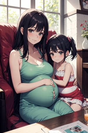 masterpiece, best quality, 2girl, pregnant woman with her daughter, sitting inside house, soft smile