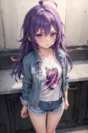 1girl,masterpiece,best quality,long hair, purple hair, ahoge, oversized t-shirt, denim shorts, denim jacket, looking at viewer, facing viewer , angry, blush , closed mouth, from above, close view, arms behind back