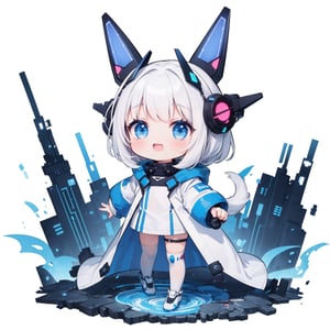 Simple white background, mascot, 1girl, solo, masterpiece, best quality, chibi, full body, futuristic, futuristic white outfit, futuristic coat, short-hair, (blue catears headgear, happy, >o<