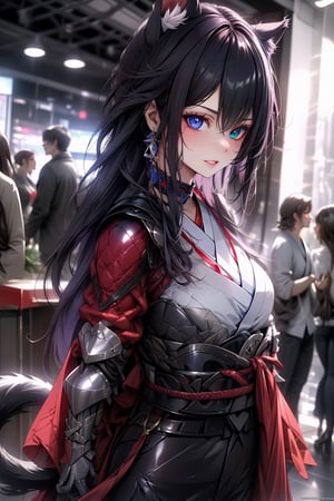 Woman with cat ears and tail holding a spear, wearing an armor, the scenario is a japanesse studio, heterochromia, red and blue eyes